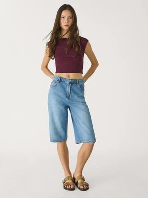 Stradivarius Dopasowany krótki T-shirt basic  BAKŁAŻANOWY