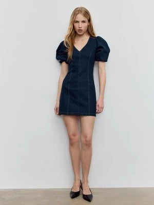 Stradivarius Krótka sukienka denim z bufiastymi rękawami  NIEBIESKI DENIM OVERDYED