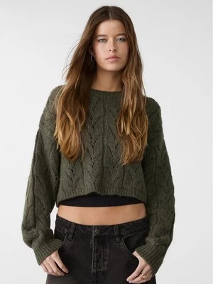 Stradivarius Krótki sweter ze splotem warkoczowym  Khaki