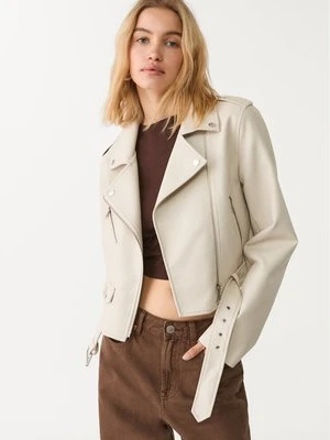Stradivarius Kurtka biker ze sztucznej skóry z paskiem  Ecru