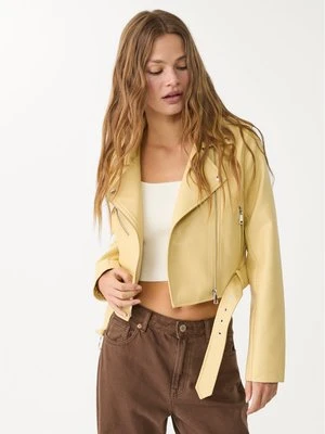 Stradivarius Kurtka biker ze sztucznej skóry z paskiem  Żółty pastelowy