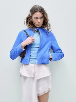 Stradivarius Kurtka motocyklowa 100% skóra  Jasnobłękitny