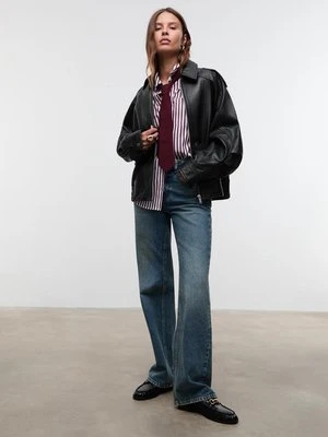 Stradivarius Kurtka oversize 100% skóra  Czarny