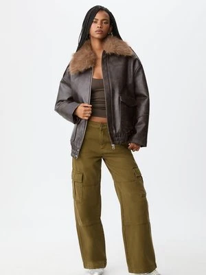 Stradivarius Kurtka oversize łączona ze sztucznej skóry  Szary