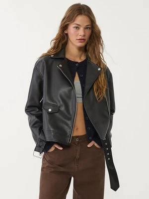 Stradivarius Kurtka oversize w stylu biker ze sztucznej skóry  Czarny