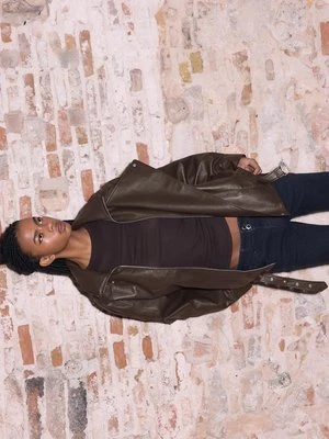 Stradivarius Kurtka oversize z klapą ze sztucznej skóry  Brązowy