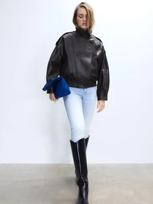 Stradivarius Kurtka oversize z klapami, 100% skóra  Czarny