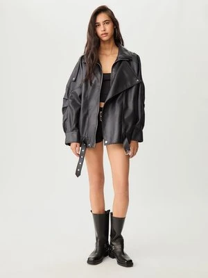 Stradivarius Kurtka oversize ze sztucznej skóry z listwą  Czarny