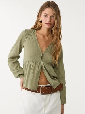 Stradivarius Luźna bluzka z koronkowymi wstawkami  Khaki