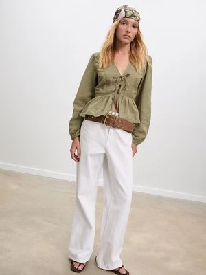 Stradivarius Luźna haftowana bluzka z wiązaniem  Khaki