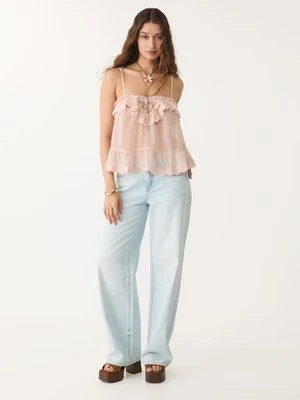Stradivarius Luźny top na ramiączkach z koronką  Pastelowy róż