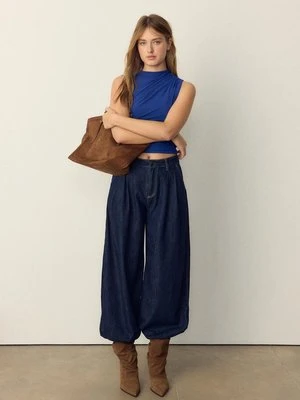 Stradivarius Marszczona koszulka z tiulu  Błękit elektryczny