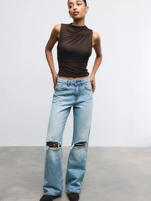 Stradivarius Marszczona koszulka z tiulu  Brązowy