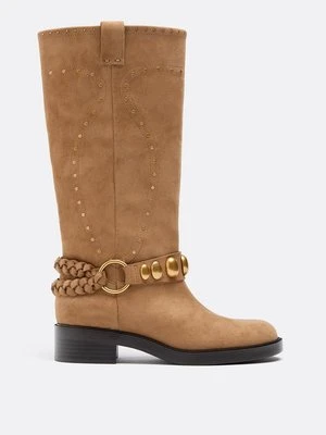 Stradivarius Płaskie botki biker ze sztucznej skóry  BEŻOWY