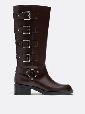 Stradivarius Płaskie buty biker z klamrami  BRĄZOWY