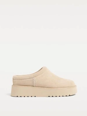 Stradivarius Płaskie chodaki ze skóry  ECRU