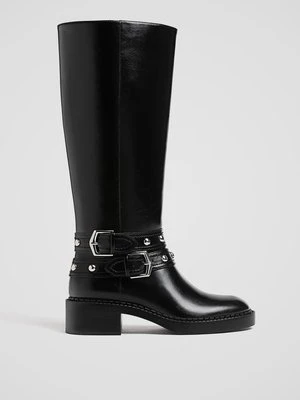 Stradivarius Płaskie kozaki z podwójną klamrą  Czarny