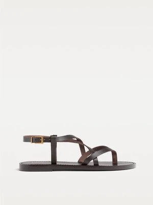 Stradivarius Płaskie sandały skórzane z paskami  BRĄZOWY