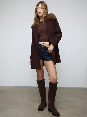 Stradivarius Płaszcz z kołnierzem ze sztucznego futra z wełną  Brązowy