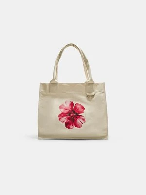 Stradivarius Płócienna torba shopper z kwiatem  Ecru