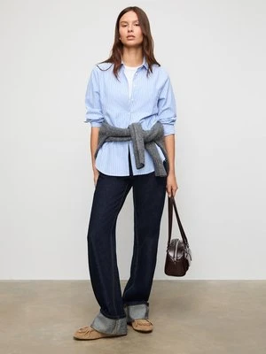 Stradivarius Podstawowa koszula w paski z popeliny z kieszenią  Niebieski denim