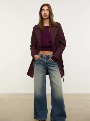 Stradivarius Podstawowy trencz regular z paskiem  Wiśniowy