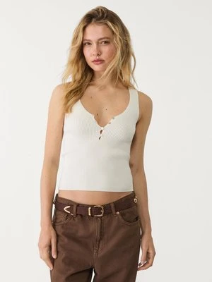 Stradivarius Prążkowany top z dzianiny z guzikami  Ecru
