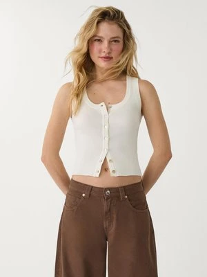 Stradivarius Prążkowany top z dzianiny z guzikami  Ecru