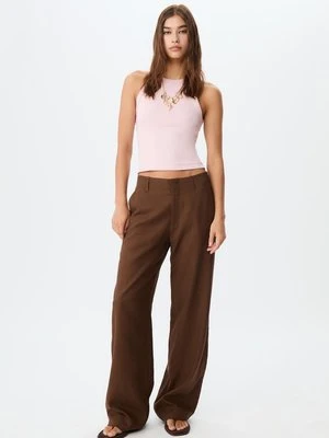 Stradivarius Proste, zwiewne spodnie z lnem  Brązowy