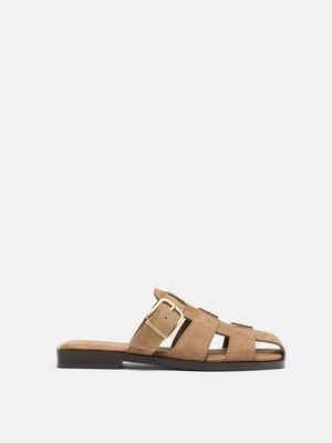 Stradivarius Sandały rzymianki ze skóry z odkrytą piętą  BEŻOWY