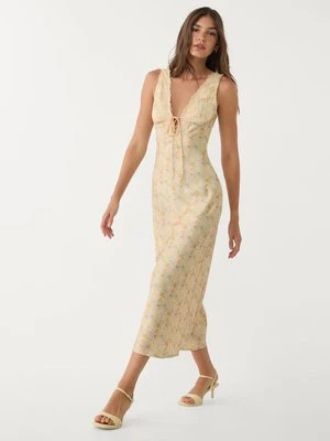 Stradivarius Satynowa sukienka midi z koronką  Złoty