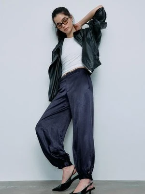 Stradivarius Satynowe eleganckie spodnie balloon  Ciemnomorski