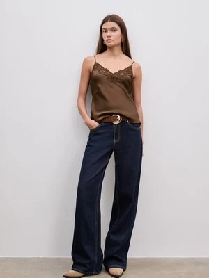 Stradivarius Satynowy top z koronką  Brązowy