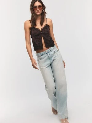 Stradivarius Satynowy top z koronką  Brązowy