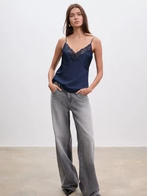 Stradivarius Satynowy top z koronką  Ciemnomorski