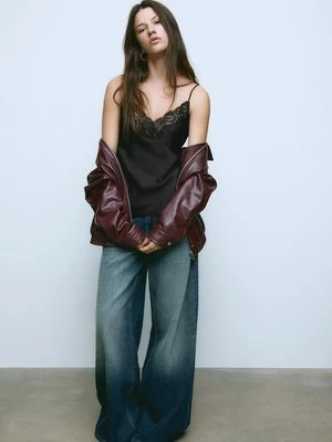 Stradivarius Satynowy top z koronką  Czarny