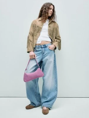 Stradivarius Skórzana kurtka z frędzlami  Kamień