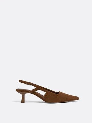 Stradivarius Skórzane czółenka kitten  BRĄZOWY