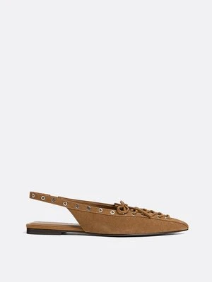 Stradivarius Skórzane płaskie buty ze sznurowaniem  BEŻOWY