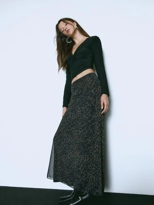 Stradivarius Spódnica midi tiul leopard  Brązowy