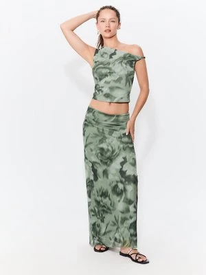 Stradivarius Spódnica midi z wzorzystego tiulu  Khaki
