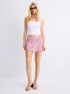 Stradivarius Spódnicospodnie mini pareo w paski z haftami  Cukierkowy róż