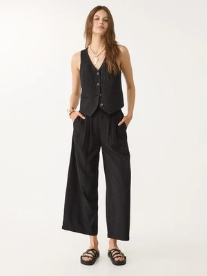 Stradivarius Spodnie culotte z lnu z zakładkami  Czarny