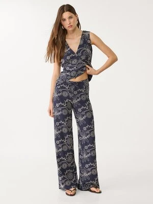 Stradivarius Spodnie o prostym kroju haftowane z lnem  Morski