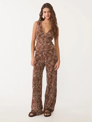 Stradivarius Spodnie straight haftowane z lnem  Brązowy