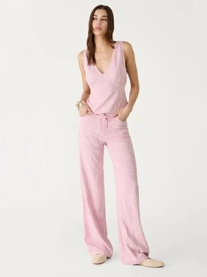 Stradivarius Spodnie straight haftowane z lnem  Pastelowy róż