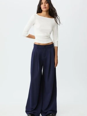 Stradivarius Spodnie wizytowe z szerokimi nogawkami i zaszewkami  Morski