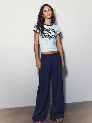 Stradivarius Spodnie wizytowe z szerokimi nogawkami i zaszewkami  Morski