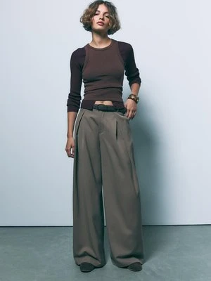 Stradivarius Spodnie z zakładkami maxi i paskiem  Brązowy