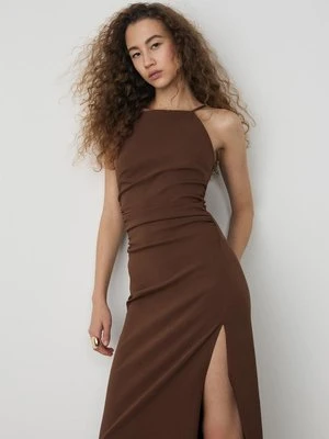 Stradivarius Sukienka midi z dekoltem halter  Brązowy